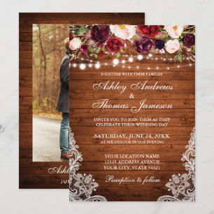 Invitación Boda Rústico Floral Lace Wood Photo