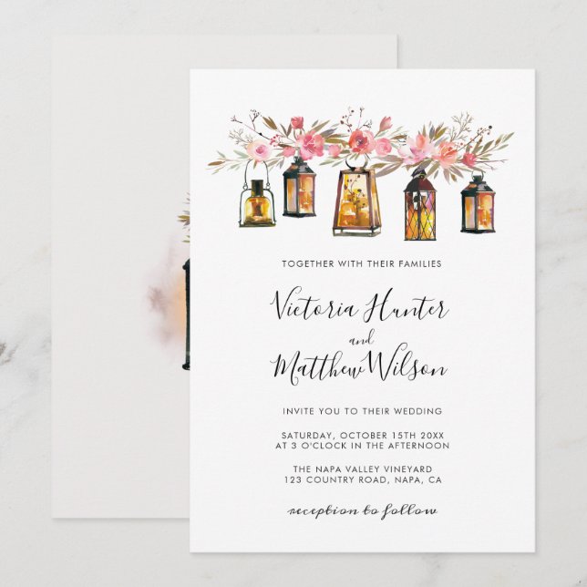 Invitación Boda Rústico Floral Lantern (Anverso / Reverso)