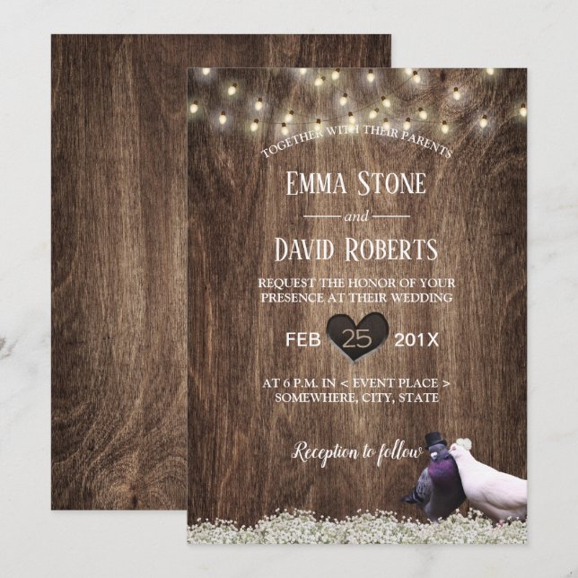 Invitación Boda Rústico Floral Lovebirds & String Lights (Anverso / Reverso)