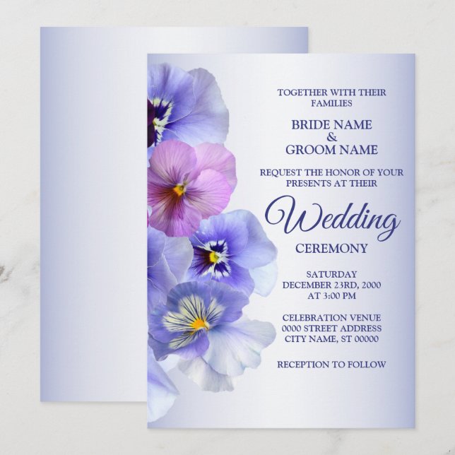 Invitación Boda Rústico Floral Púrpura Lilac Pansy (Anverso / Reverso)
