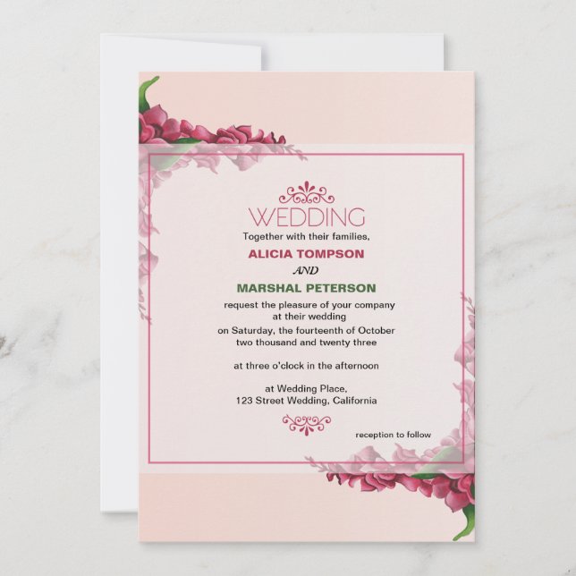 Invitación Boda Rústico Floral Rojo y Rosa claro (Anverso)