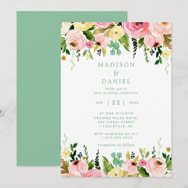 Invitación Boda Rústico Floral Rosa Y Verde De Mint (Anverso / Reverso)
