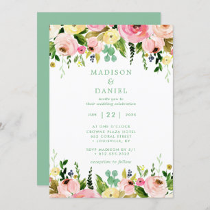 Invitación Boda Rústico Floral Rosa Y Verde De Mint