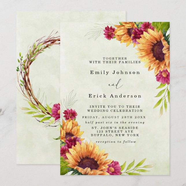 Invitación Boda Rústico floral rosada de primavera de girasol (Anverso / Reverso)