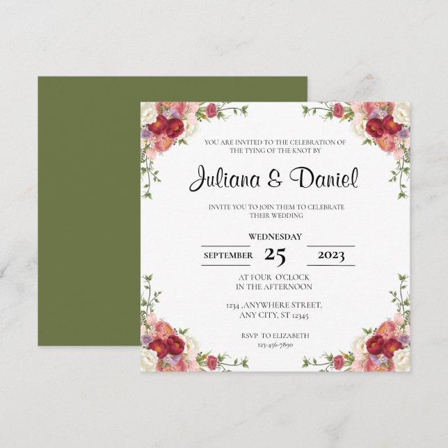 Invitación Boda Rústico Floral Square (Anverso / Reverso)