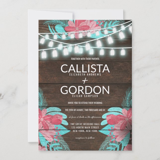 Invitación Boda Rústico Floral Wood Mason Jar Lights (Anverso)