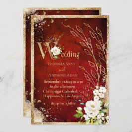 Invitación Boda Rústico Fólico Botánico de Oro Rojo Blanco