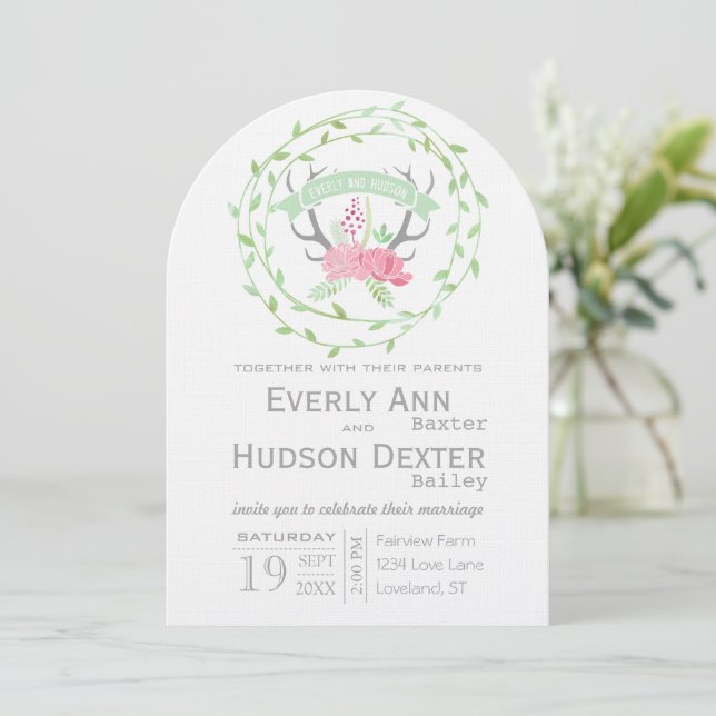 Invitación Boda Rústico Forestal Garland Deer Antler (Anverso de pie)