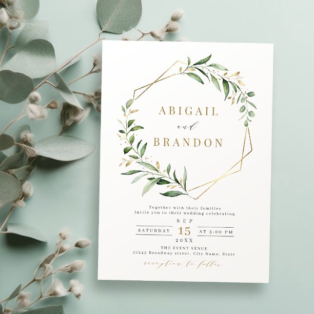 Invitación Boda Rústico Geométrico de Oro de Verdemia Moderna (Modern Greenery Gold Geometric Rustic Wedding Invitation)