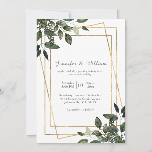 Invitación Boda Rústico Geométrico Verde y Oro (Anverso)