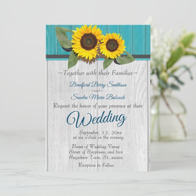 Invitación Boda Rústico Girasol Verde azulado Madera Gris Str (Anverso de pie)