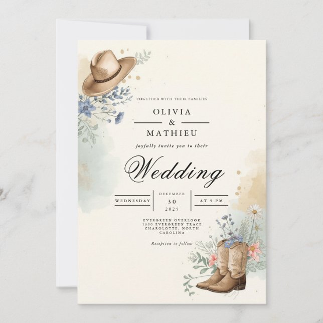 Invitación Boda Rústico Gorra Floral Romance (Anverso)
