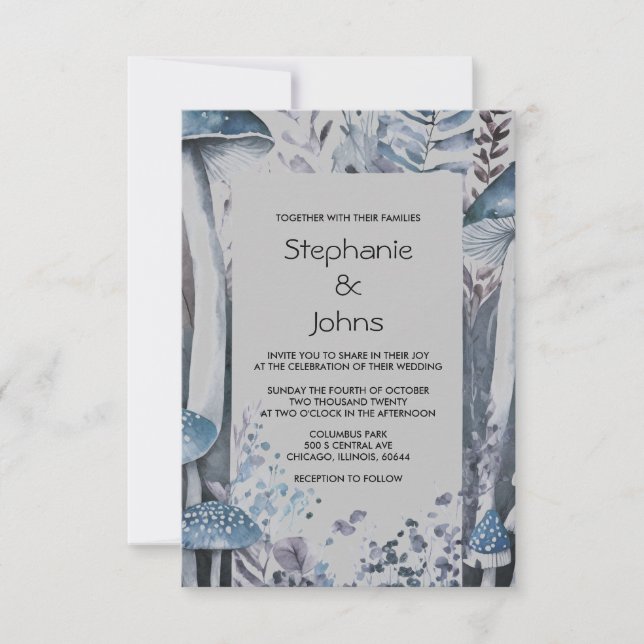 Invitación Boda Rústico Gris Azul Gris de los hongos de Woodl (Anverso)