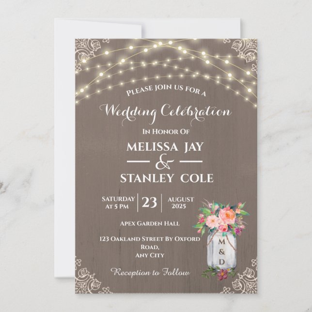 Invitación Boda Rústico Gris Mason Jar Flower String Luces (Anverso)
