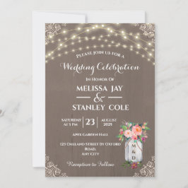 Invitación Boda Rústico Gris Mason Jar Flower String Luces
