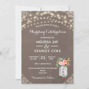 Invitación Boda Rústico Gris Mason Jar Flower String Luces