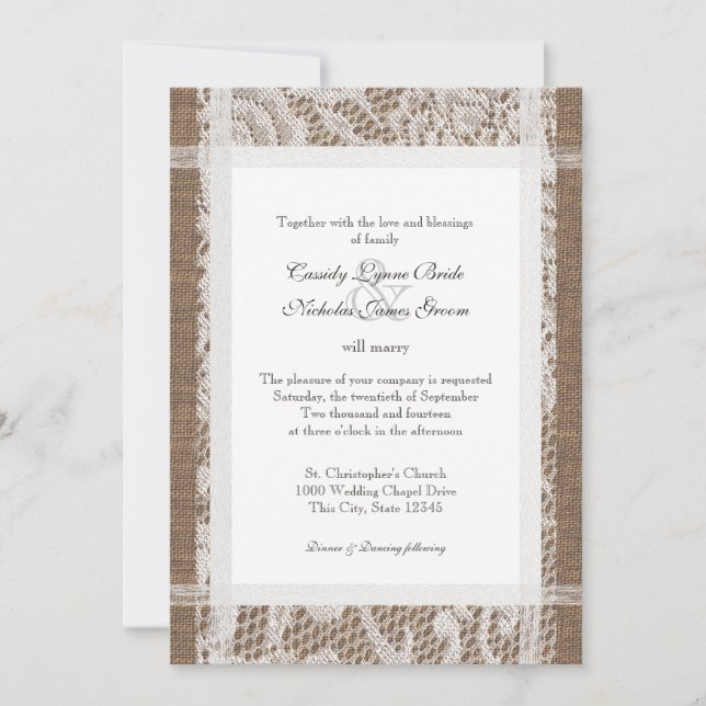 Invitación Boda Rústico Lace y Burlap 7x5 (Anverso)