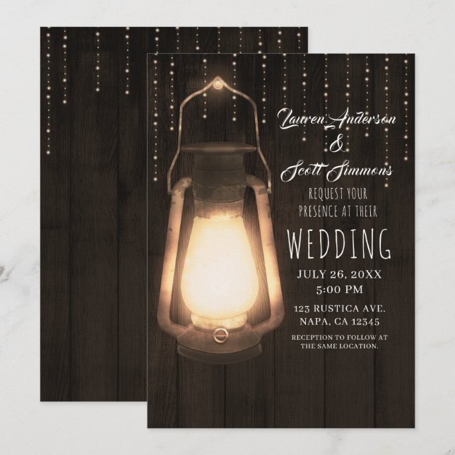 Invitación Boda Rústico Lantern & Lights Brown Barn Wood (Anverso / Reverso)