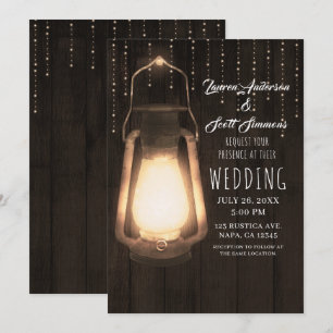 Invitación Boda Rústico Lantern & Lights Brown Barn Wood