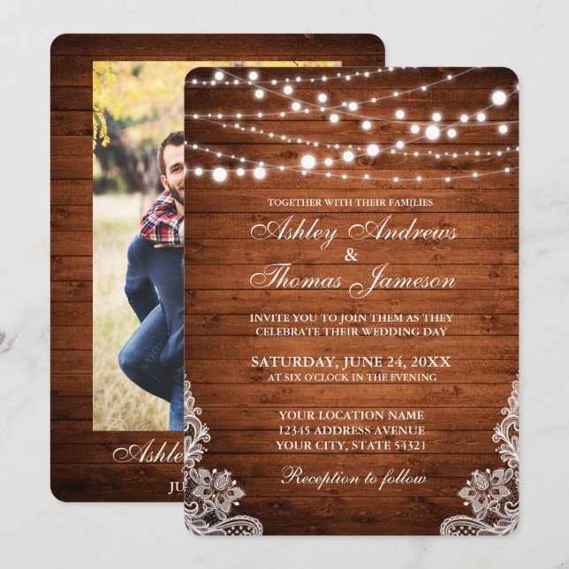 Invitación Boda rústico Luces de cuerda de madera Lace Invita (Anverso / Reverso)