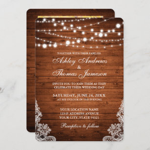 Invitación Boda rústico Luces de cuerda de madera Lace Invita