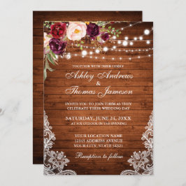 Invitación Boda Rústico Luces de Madera Floral de encaje