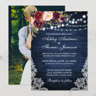 Invitación Boda Rústico Luz de Madera Azul Foto Floral de enc