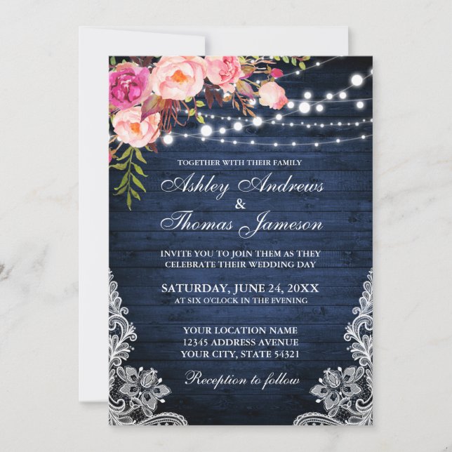 Invitación Boda Rústico Madera Azul Ilumina Lazo Floral (Anverso)