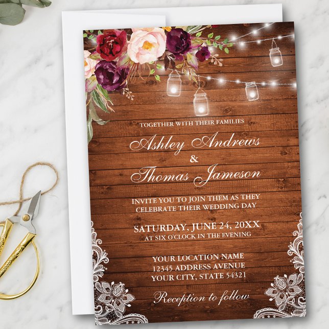 Invitación Boda Rústico Madera Ilumina Jars Lace Floral (Customize to add more text or photos to back of card.)