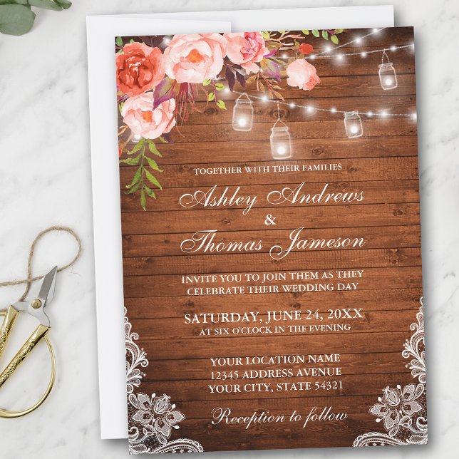 Invitación Boda Rústico Madera Luces Jars Lace Coral Floral (Customize to add more text or photos to back of card.)