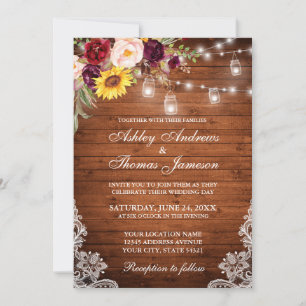 Invitación Boda Rústico Madera Luces Jars Lace Floral Mixta