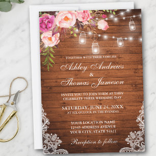 Invitación Boda Rústico Madera Luces Jars Lace Floral Rosa