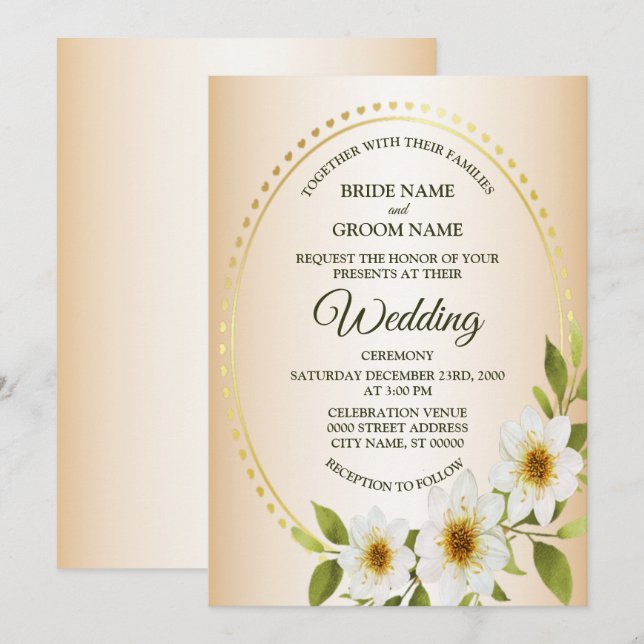 Invitación Boda Rústico Marco Dorado Floral Blanco Melocotón (Anverso / Reverso)