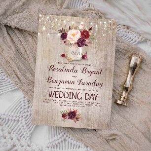 Invitación Boda Rústico Mason Jar con Floral Borgoña