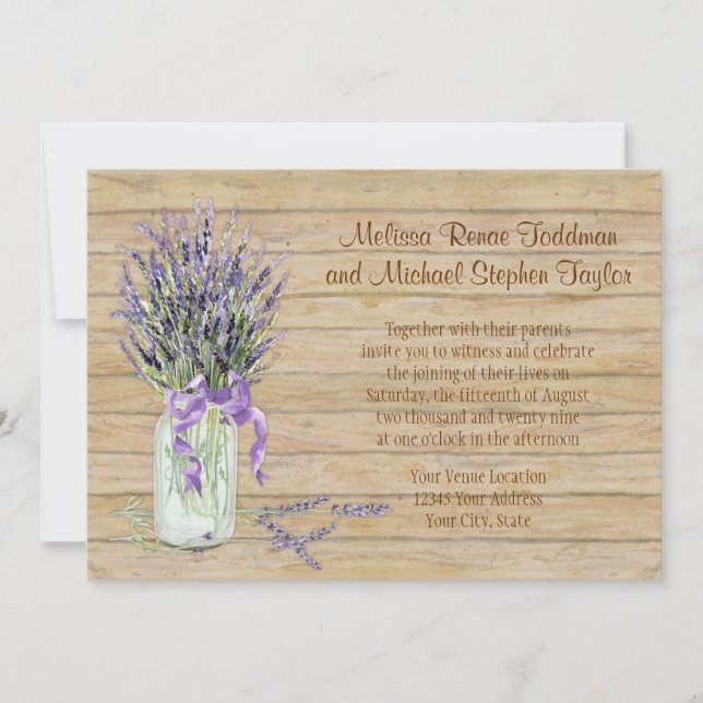Invitación Boda Rústico Mason Jar French Lavender Bouquet (Anverso)