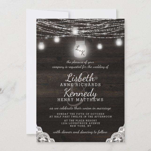 Invitación Boda Rústico Mason Jars & String Light Ridge de ro (Anverso)