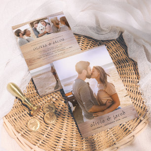 Invitación Boda Rústico Minimalista elegante de madera y 5 fo