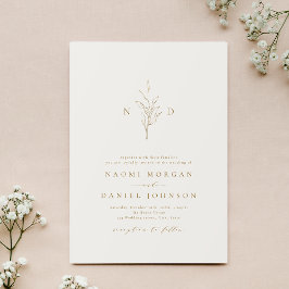 Invitación Boda rústico monograma botánico simple de oro