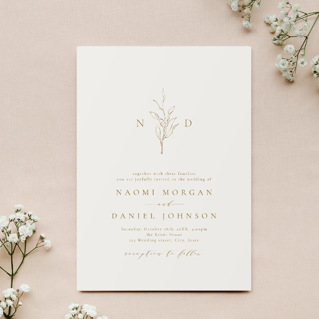 Invitación Boda rústico monograma botánico simple de oro (Gold simple botanical monogram rustic wedding invitation)