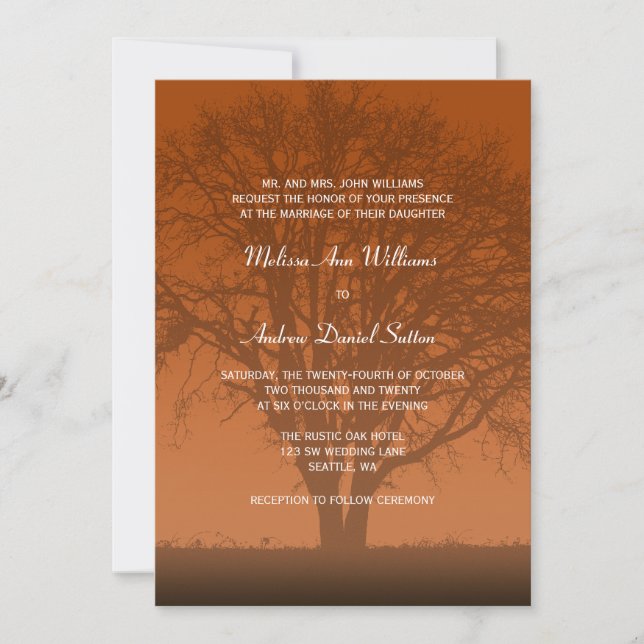 Invitación Boda Rústico Naranja Oak Tree (Anverso)