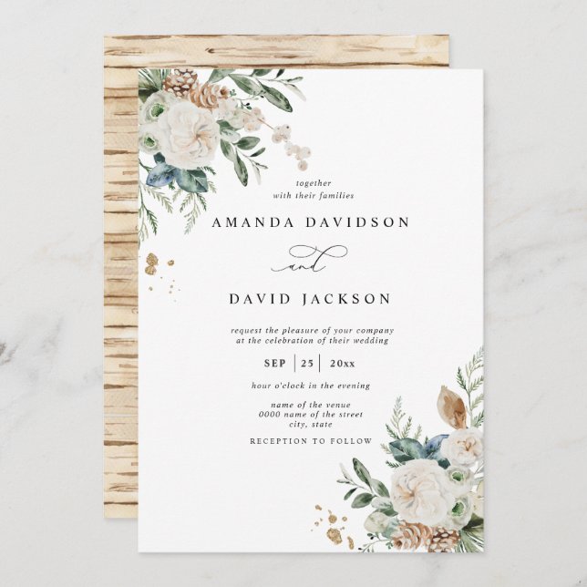 Invitación Boda Rústico Natural Pine Greenery y Red Berries (Anverso / Reverso)