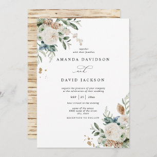 Invitación Boda Rústico Natural Pine Greenery y Red Berries