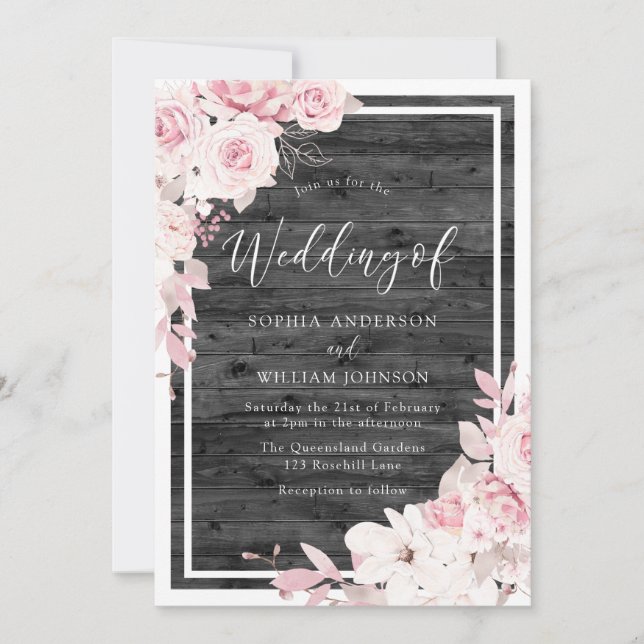 Invitación Boda Rústico Negro de Flores Blancas y Rubor (Anverso)