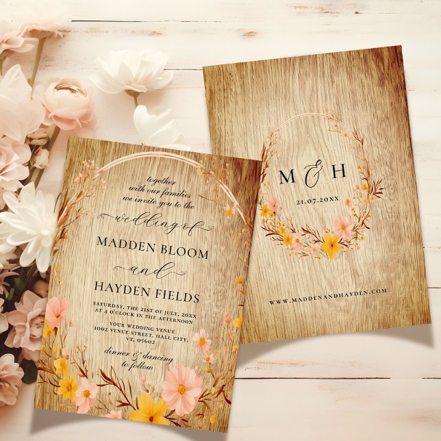 Invitación Boda Rústico Neutral Boho Floral Wildflower Wood (Subido por el creador)