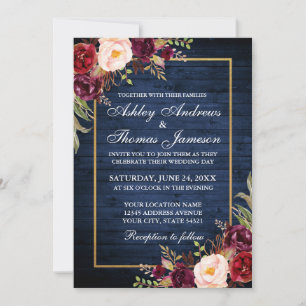 Invitación Boda Rústico Oro Borgoña Floral Azul Madera