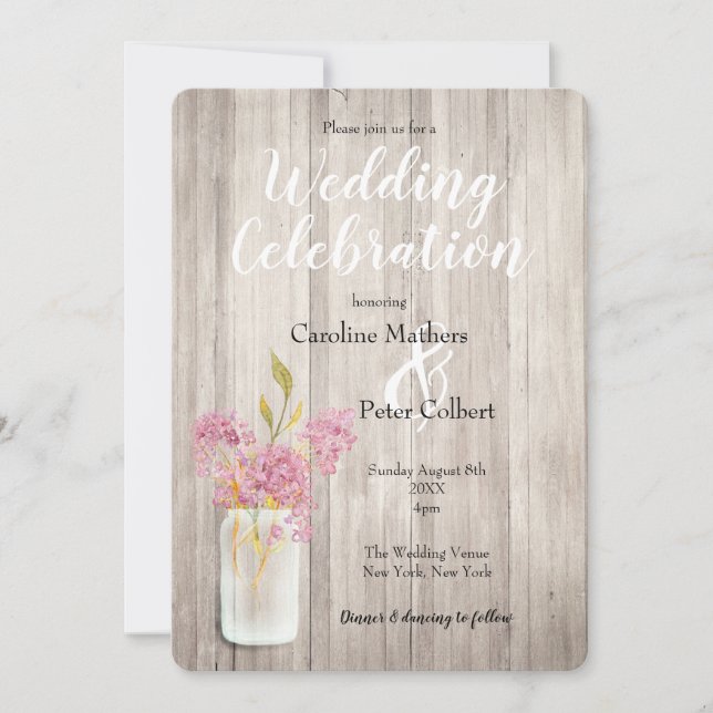 Invitación Boda Rústico Pink Lilac Mason Jar Barn Wood (Anverso)
