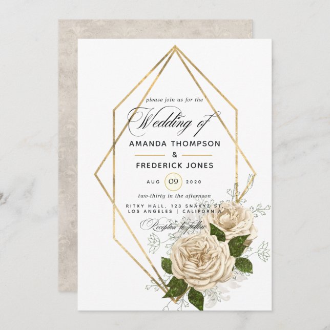 Invitación Boda Rústico Polígono con Flores de Marfil (Anverso / Reverso)