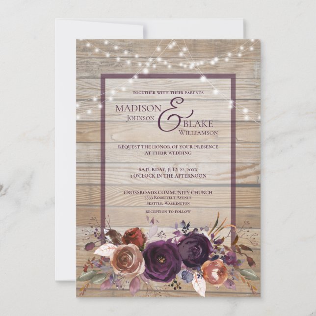 Invitación Boda Rústico Purple Floral de madera de cuerda (Anverso)