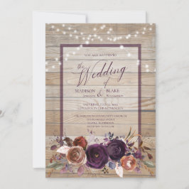 Invitación Boda Rústico Purple Floral String Light Script