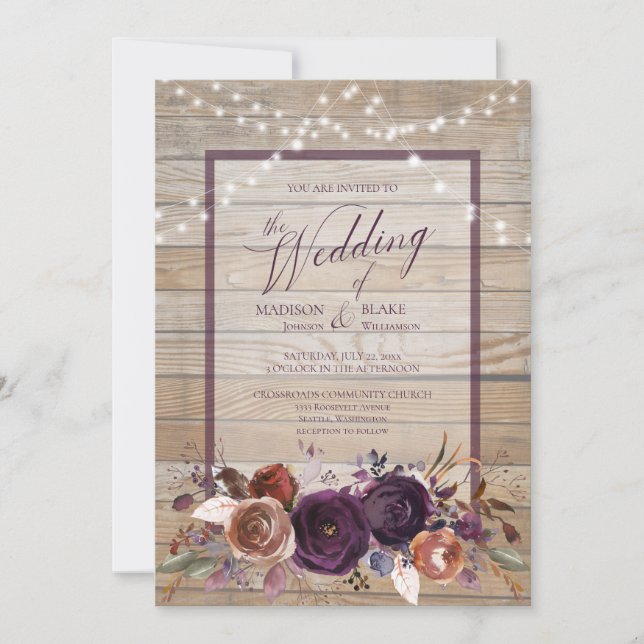 Invitación Boda Rústico Purple Floral String Light Script (Anverso)